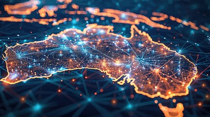 Fototapete - Digital map of Australia highlighting network connectivity and data transfer for tech business telecommunications. Generative AI.