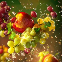 Poster - Vibrant fruit splash in midair. Fresh grapes and apple scattered in water droplets. Dynamic and colorful still life image. Perfect for food and beverage advertising or promotion. AI