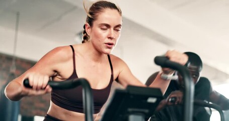 Poster - Fitness, cardio and woman on machine in gym for intense workout, training and exercise for healthy body. Sports, sweating and people on cycling equipment for performance, endurance and wellness