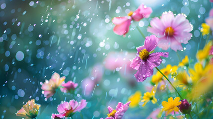 Gentle raindrops grace vibrant spring blooms in shades of pink, purple, and yellow. Peaceful scene.