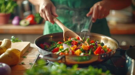 The Hands Stirring Fresh Vegetables