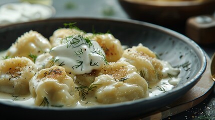 Wall Mural - Delicious dumplings served in a black bowl topped with fresh herbs and a dollop of sour cream. Close-up food photography for culinary blogs and menu design. Rustic style dining. AI