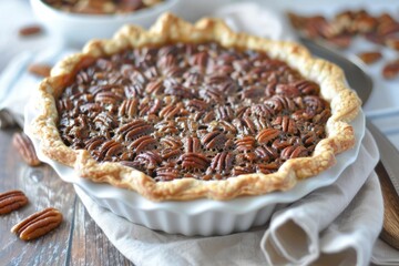 Wall Mural - Freshly baked pecan pie in a white dish, perfect for holiday desserts