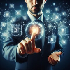 businessman discussing virtual blockchain technology, data network connectivity, futuristic global n
