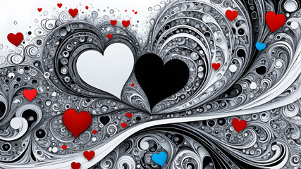 Poster - abstract fractal background. black and white waves with multi-colored hearts on a black background. wallpaper