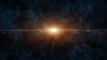 Wall Mural - Abstract digital technology network with big shining light in the middle, glowing lines and dots background illustration.	
