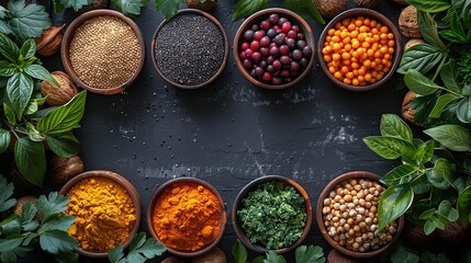 Wall Mural - Assortment of Spices and Herbs in Bowls