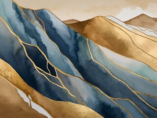 Wall Mural - Watercolor and gold line art hills, ideal for mountain wallpaper, covers, and invitations