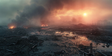 Wall Mural - A wide shot of a battlefield at dawn, the aftermath of battle, scattered weapons and bodies, smoke rising, somber and quiet atmosphere. Generative AI.