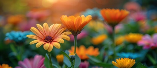 Poster - Beautiful flower plants in city park in summer, close up view