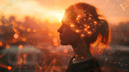 a silhouette of a woman with a glowing brain network, set against a sunset cityscape.