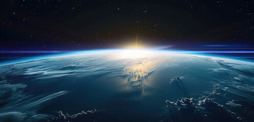 Fototapete - A view of Earth from space, with a black sky and blue horizon. Distant mountains can be seen along the horizon line. Generative AI.