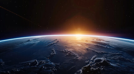 Aufkleber - A view of Earth from space, with a black sky and blue horizon. Distant mountains can be seen along the horizon line. Generative AI.