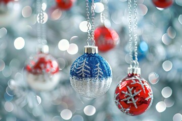 Wall Mural - Closeup of glittery red and blue christmas ornaments suspended against a bokeh light backdrop