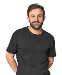 Studio portrait of young Hispanic male happy, smiling and cheerful.