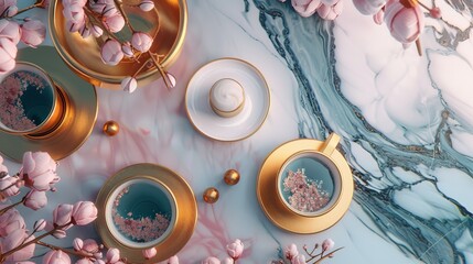 A flat lay of two cups of coffee, a pastry and pink flowers on a marble table.