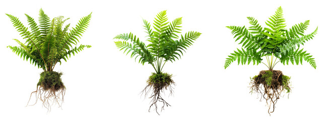 set of fern plant with roots isolated on transparent or white background