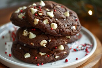 Poster - Stack of freshly baked chocolate cookies with peppermint candies on a holiday plate