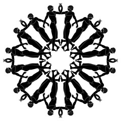 Wall Mural - Round geometrical ethnic mandala with standing or dancing ancient Greek youths holding hands. Black and white silhouette.