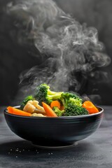 Canvas Print - Steaming Bowl of Fresh Mixed Vegetables. Conceptualize healthy eating and wellness. A beautiful and warm meal for food photography. Perfect for dietary and culinary stock. AI