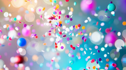 Wall Mural - Colorful confetti falling against a blurred background. Concept of celebration, joy, and festivity, suitable for party invitations and festive designs