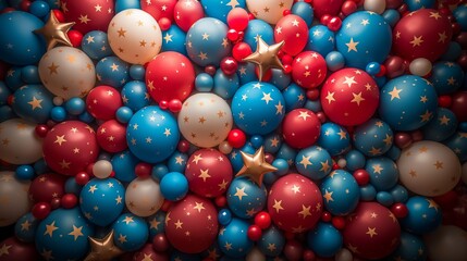 Photo of a balloon wall with a pattern of red  white  and blue