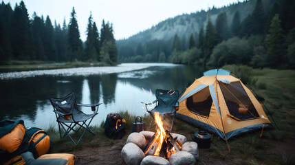 Canvas Print - Camping site by a lake with a fire pit, tent, camping chairs, and backpacks in a forested area during dusk.