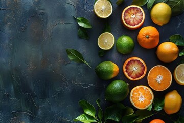 Sticker - Top view of various fresh citrus fruits with leaves on a dark, rustic surface