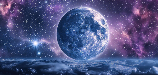 Aufkleber - Closeup of a white moon, purple and blue galaxy of stars in background. Generative AI.