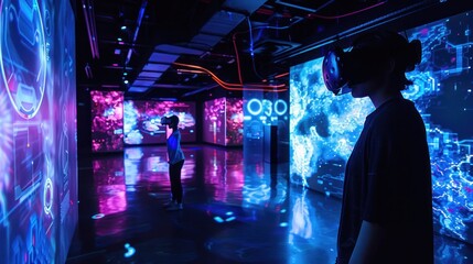 Programming, ai code and use virtual reality with focus, hologram and digital software with cyber security, futuristic and website development. Male, coder or trader with data analysis and security