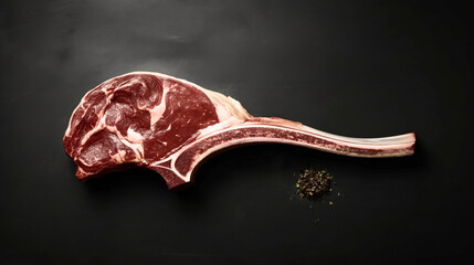 Poster - Raw tomahawk steak with a long bone placed on a dark surface with a small pile of seasoning beside it.