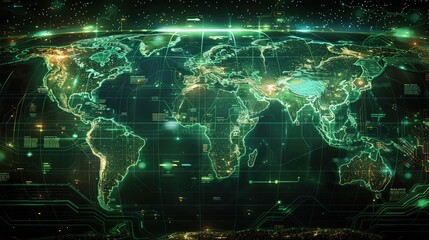 Wall Mural - A science fiction neon green and black world map featuring. Generative AI.