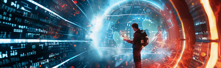 person visits a futuristic digital library