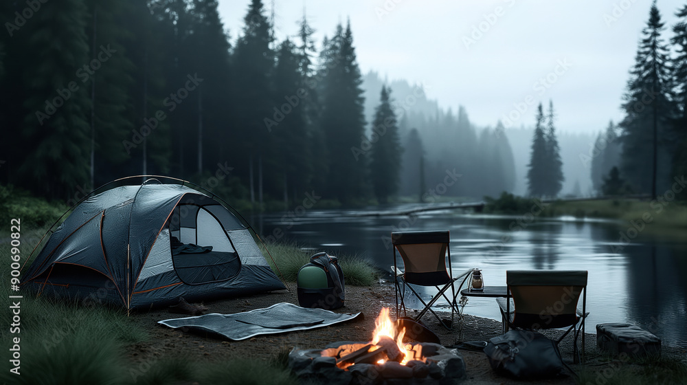 Serene camping site by a lake in a dense forest with a tent, campfire ...