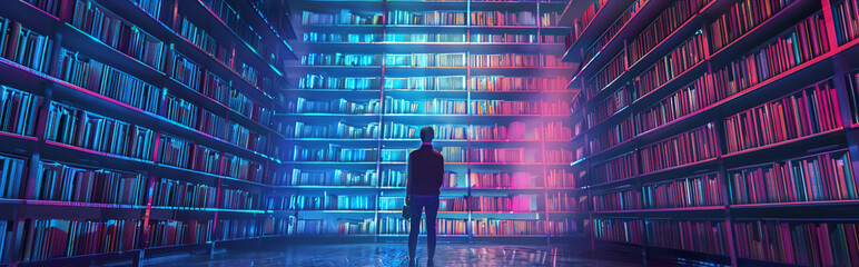 Person visits a futuristic digital library