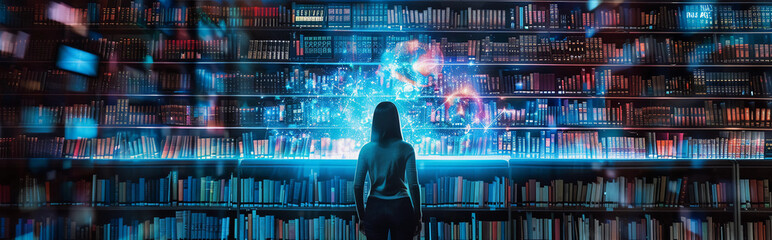 Wall Mural - Person visits a futuristic digital library