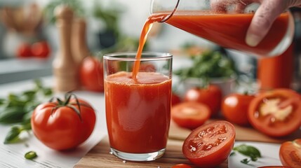 Sticker - A hand is pouring tomato juice into a glass, sliced tomato on the table, white kitchen background. Generative AI.