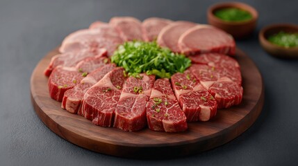 Wall Mural - Assorted sliced raw beef steaks arranged on a wooden board with a garnish of green herbs in the center.