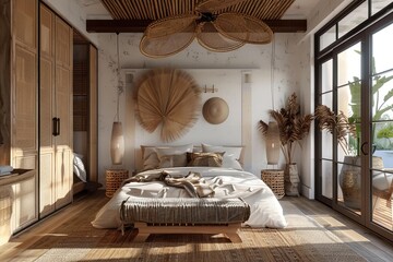 Sticker - Cozy and stylish bedroom decorated in bohochic style with an earthy palette and plants