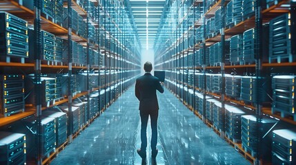 Poster - The Chief Technology Officer of the Center is holding a laptop while standing in a warehouse. Information is being streamed through servers as lines of digitalization are entered. Generative AI.