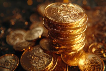 Wall Mural - Closeup of a stack of golden coins with intricate designs, illuminated with a warm light