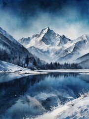 Wall Mural - Winter watercolor art background with mountains and lake, blue tones for decor