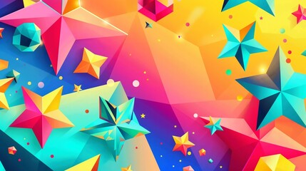 A vibrant geometric summer background with overlapping colorful shapes like stars, diamonds, and hexagons, set against a bright and cheerful backdrop, ideal for summer time fun promotions.