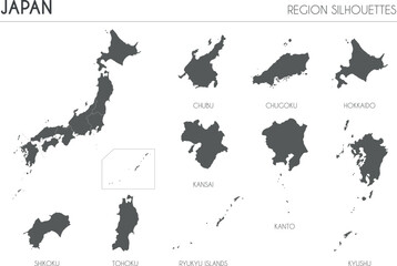 Wall Mural - Japan region silhouettes set and blank map of the country isolated on white background. Vector illustration design