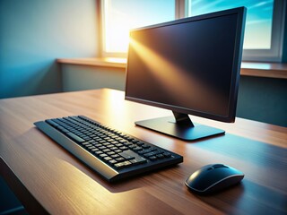 Wall Mural - A modern computer workstation featuring a sleek black mouse and keyboard on a tidy desk with a subtle gradient background and soft ambient lighting.