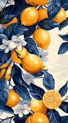 Sticker - Vibrant Lemon and Floral Pattern with Blue Leaves on Light Background