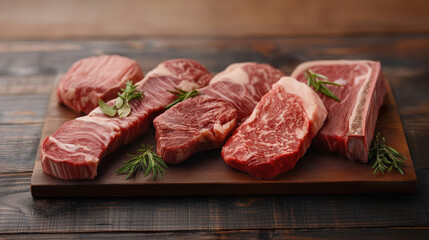 Wall Mural - Assortment of raw beef steaks on a wooden cutting board with fresh herbs garnish.