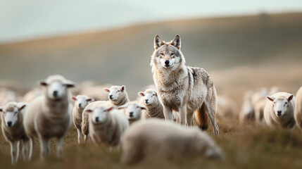 wolf standing among a flock of sheep in an open field with hills in the background, creating a strik