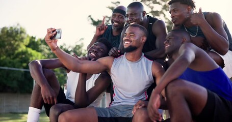 Wall Mural - Men, basketball court and selfie for sport, happy and support with solidarity, fitness and web blog. Black people, athlete group and photography for profile picture, memory and social media in park