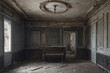 © Qun - An empty room of an abandoned house with walls weathered away by time, Generative AI